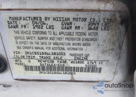 2006 Nissan Sentra 1.8S z USA, uszkodzony, nr VIN 3N1CB51D26L581005